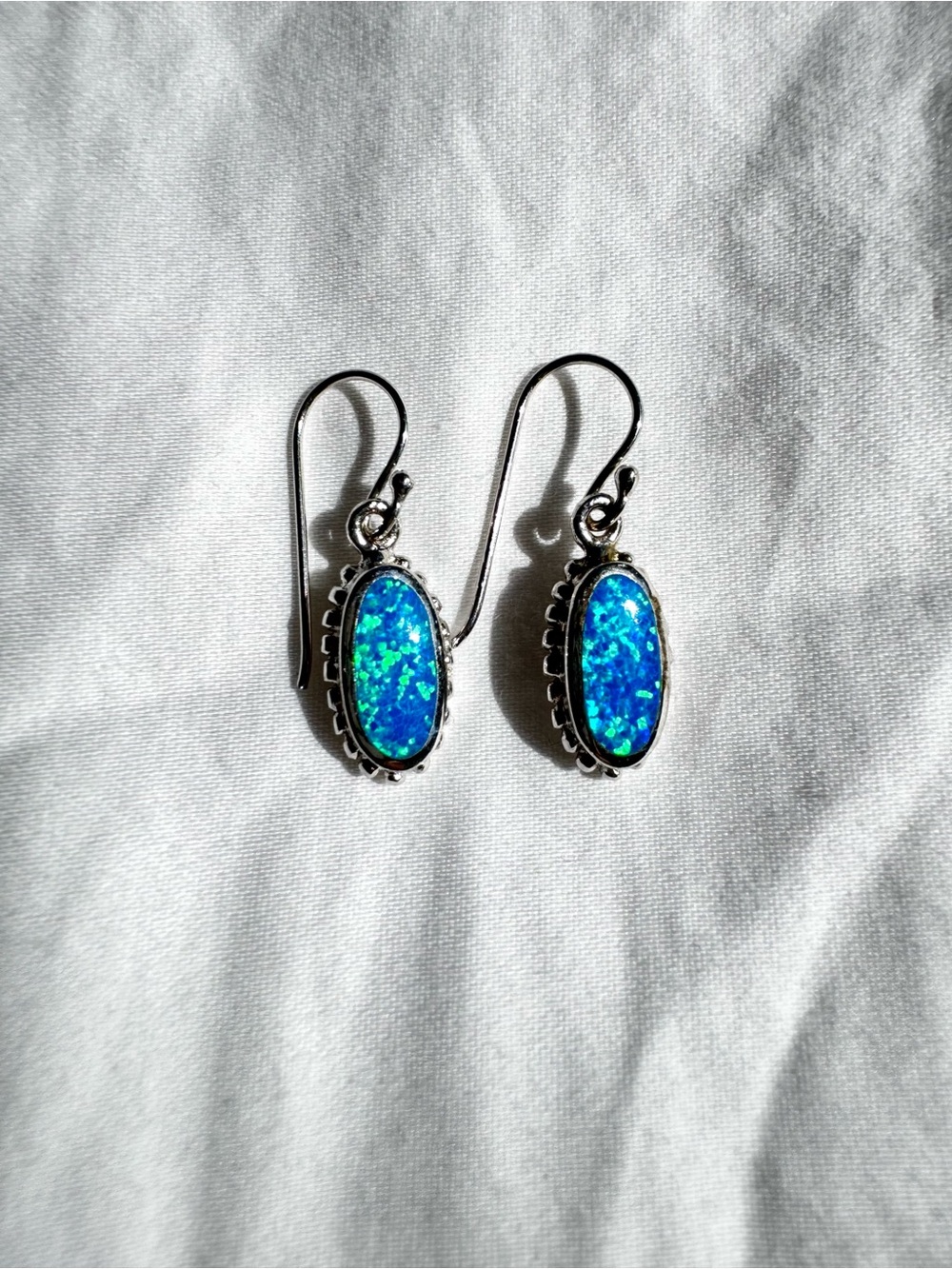 Sterling Silver Drop Earrings with Blue Opal Inlay